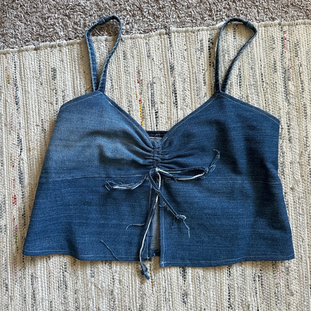 Handmade thrift flip jean open front top with tie detail